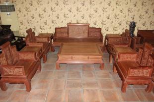 古朴红木纯手工老挝花梨荷花宝座雕花沙发十件套包邮明清古典家具