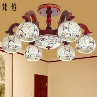 中式陶瓷灯具古典客厅卧室书房餐厅吸顶灯实木圆形仿古景德镇灯饰