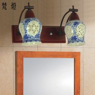 中式古典壁灯精品双头木艺景德镇陶瓷卧室床头过道走廊温馨镜前灯