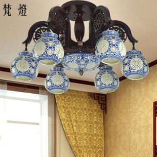 中式吸顶灯古典实木餐厅书房卧室青花灯饰景德镇仿古陶瓷客厅灯具