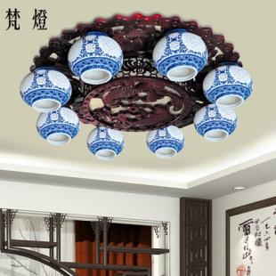 中式吸顶灯温馨古典实木餐厅书房卧室景德镇复古彩绘陶瓷客厅灯具
