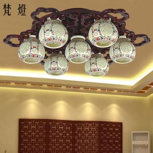 中式古典吸顶灯圆形实木书房景德镇陶瓷灯饰创意餐厅客厅卧室灯具
