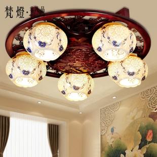 中式古典陶瓷吸顶灯橡木手绘青花瓷灯卧室餐厅灯现代中式卧室顶灯